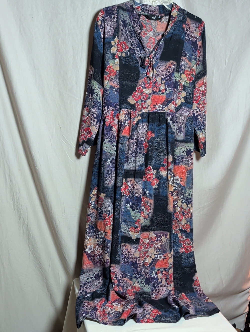 Vintage-Inspired Floral Navy Maxi Dress with Tie Neck Maternity Hidden Nursing